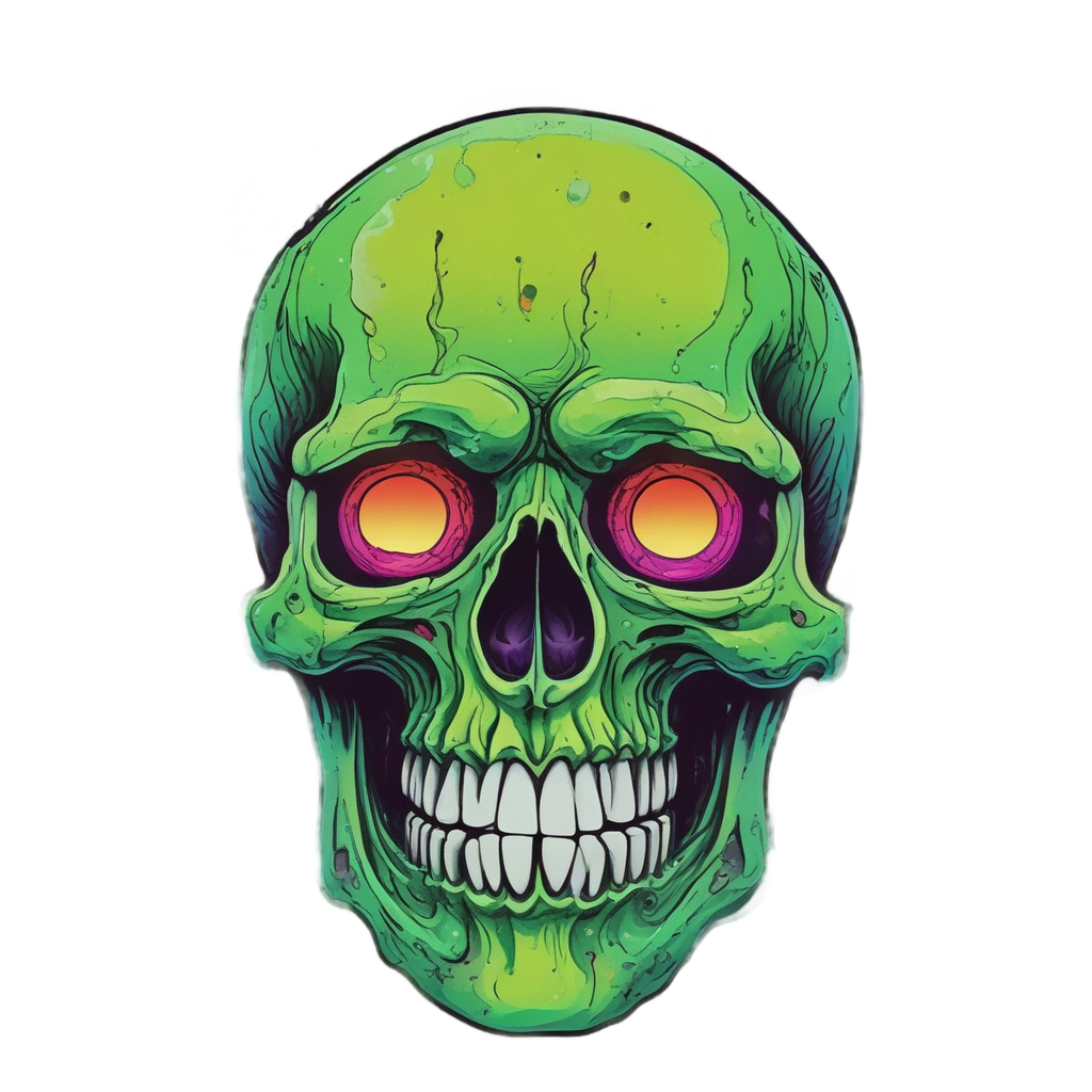 A skull sinking into bubbling acid with green and magenta sludge.