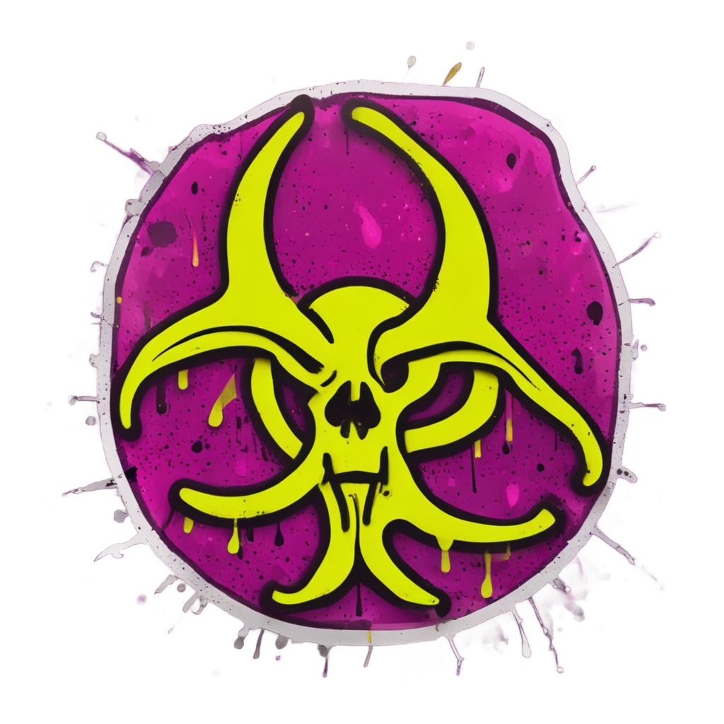 Neon yellow biohazard symbol dissolving under acid rain drops in green and magenta sticker