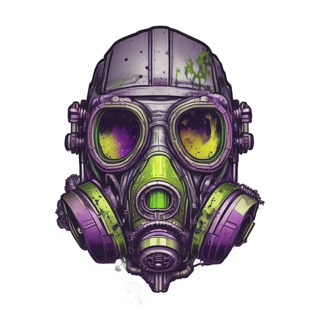 Corroded gas mask with dripping neon green acid.