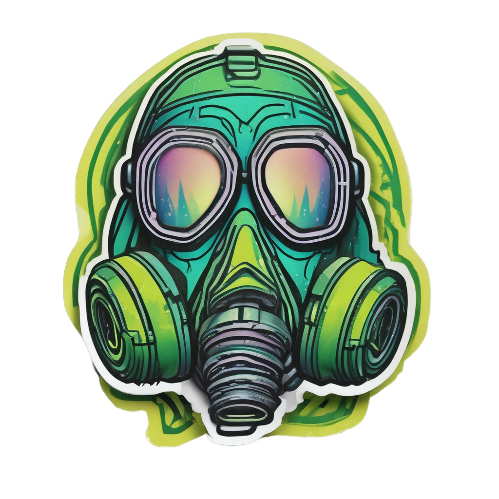 A neon gas mask angled down reflecting an acid-green rain puddle.