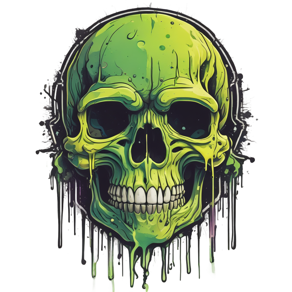 Yellow and green neon melting skull with dripping constellation puddle