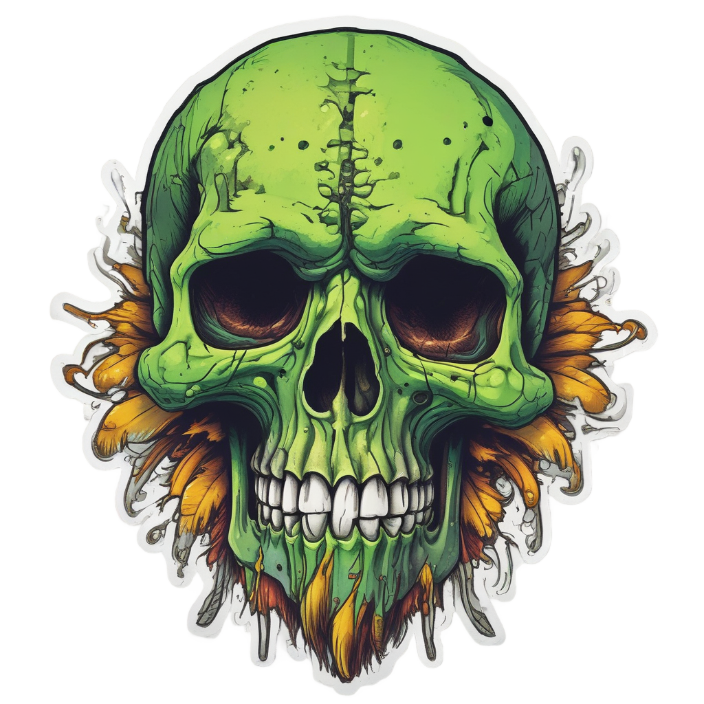 Neon green and yellow feathered skull with dripping slime and missing eye.