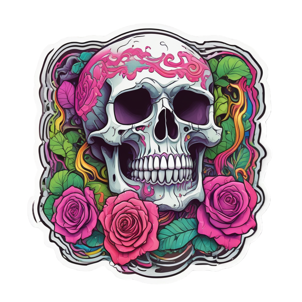 Melting skull with neon acid roses