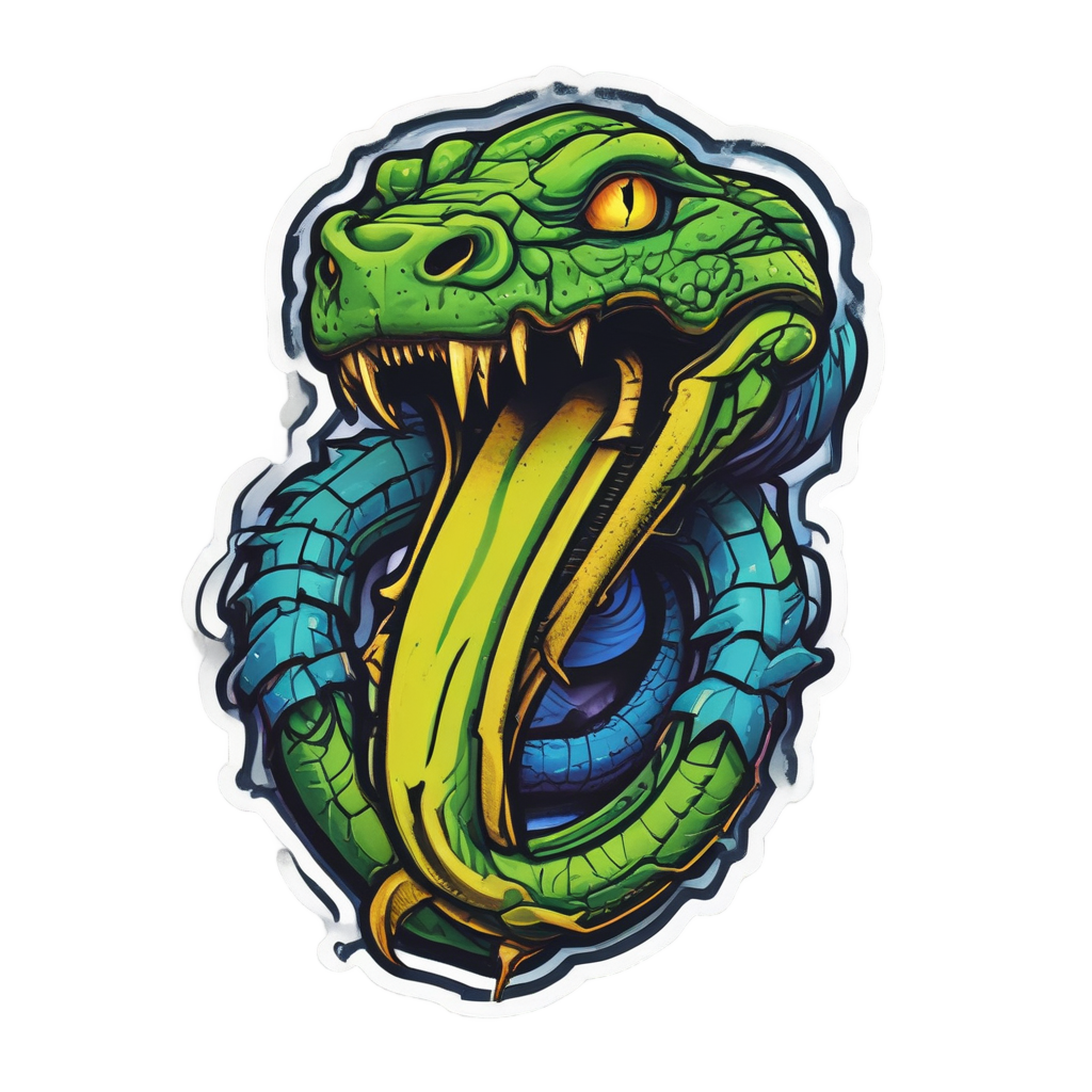 A bright green neon snake with a blue tongue hisses around a jagged dirk dripping with glowing acid, on white.