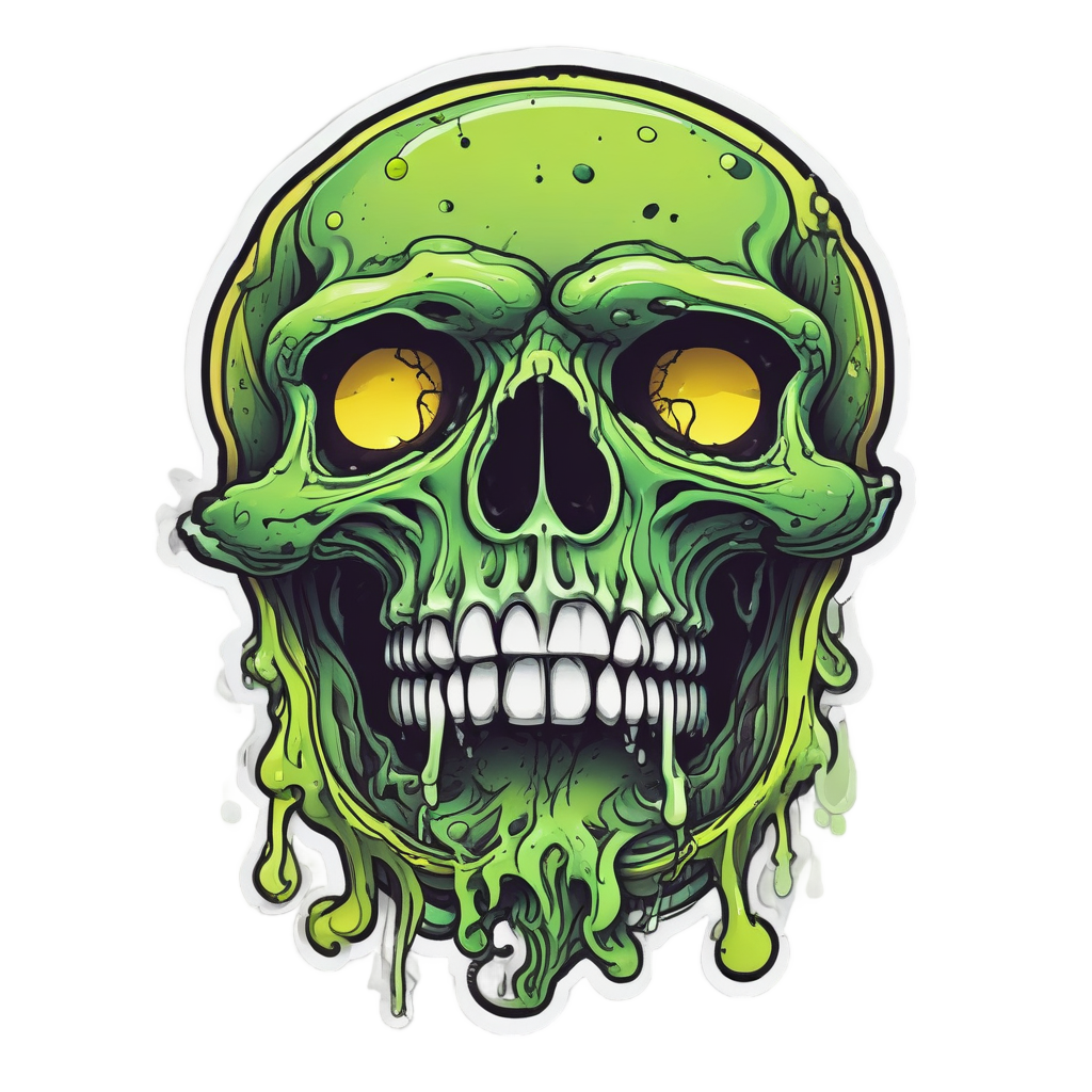 A neon green and yellow line art snake skull melting with slime drips