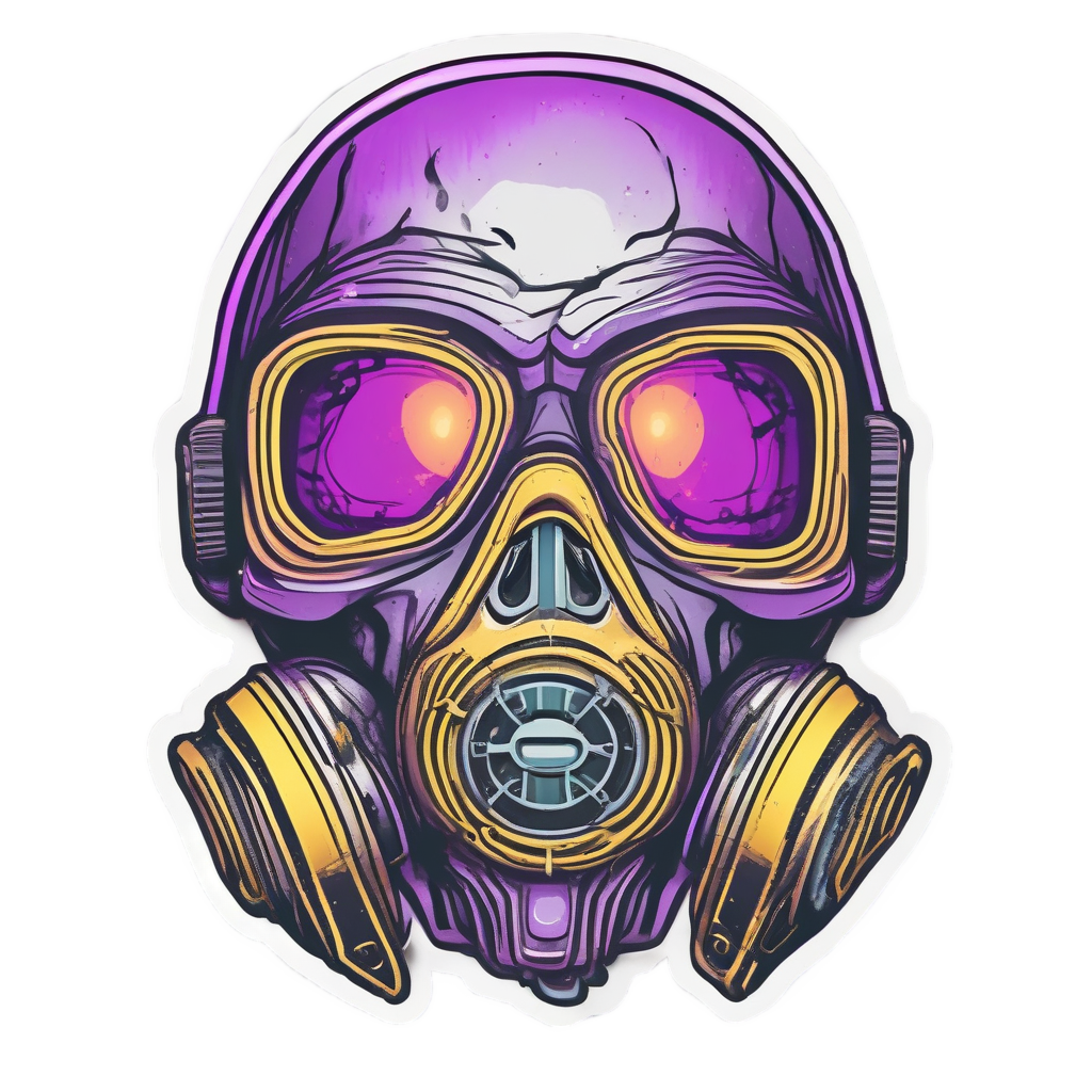 A neon yellow tear-streaked gas mask skull with purple ambient light on white background