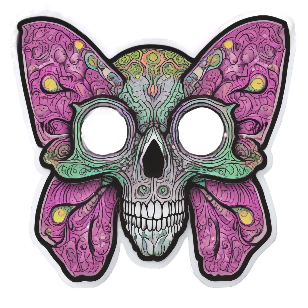 Swirling neon green pink yellow fractal moth skull