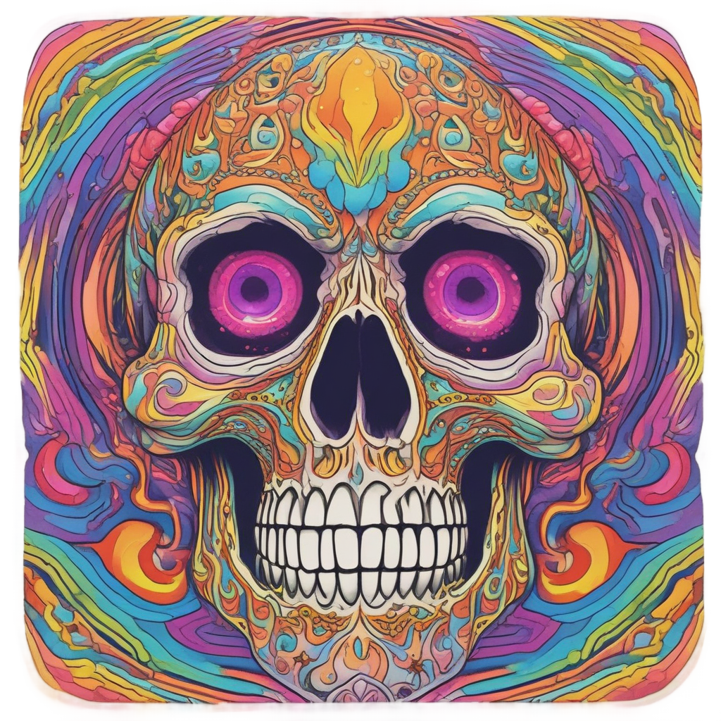 Ochre skull with neon rainbow patterns and hypnotic spiral eyes