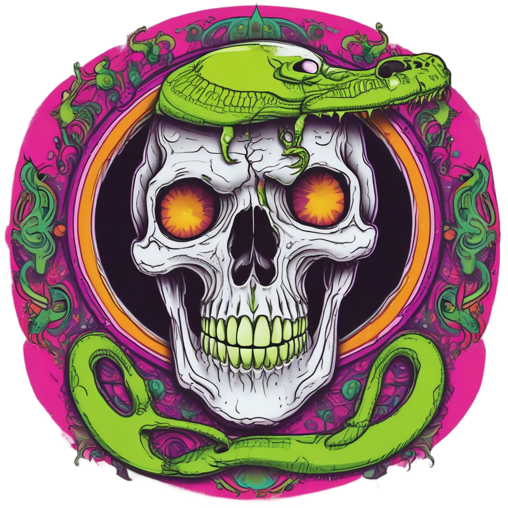 Skull with neon snake from eye and moon background