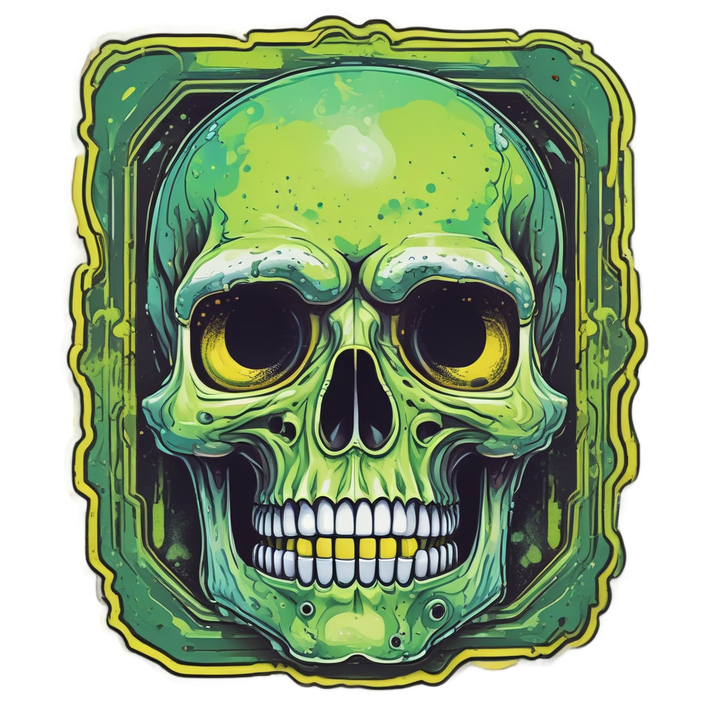 A holographic green acid-leaking skull gas tank laughing maniacally