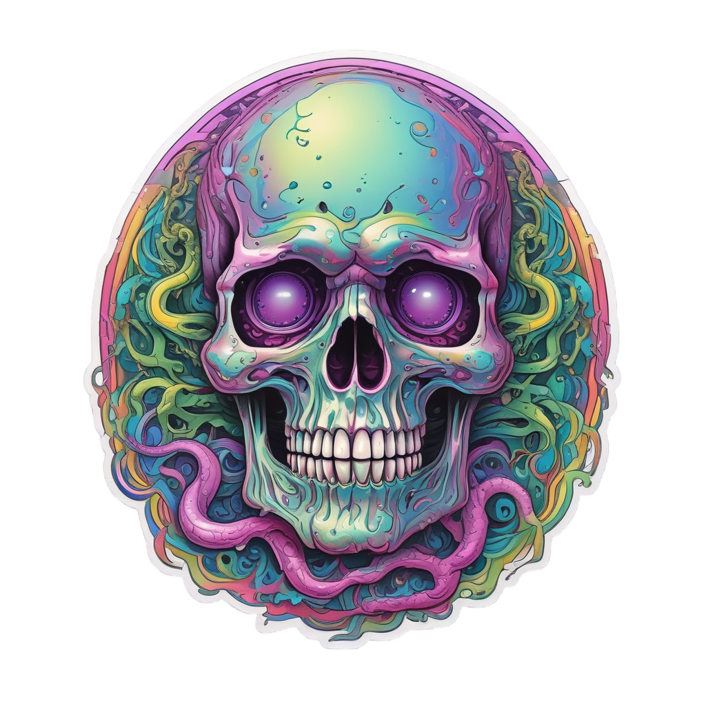 Holographic snake-eyed moon skull with rainbow drips and swirls