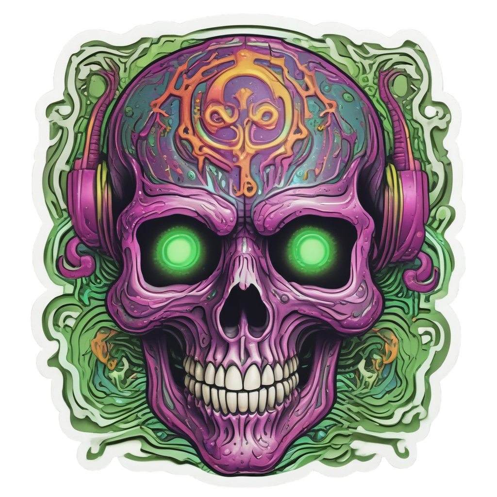 A grinning skull with psychedelic neon swirls and green eyes