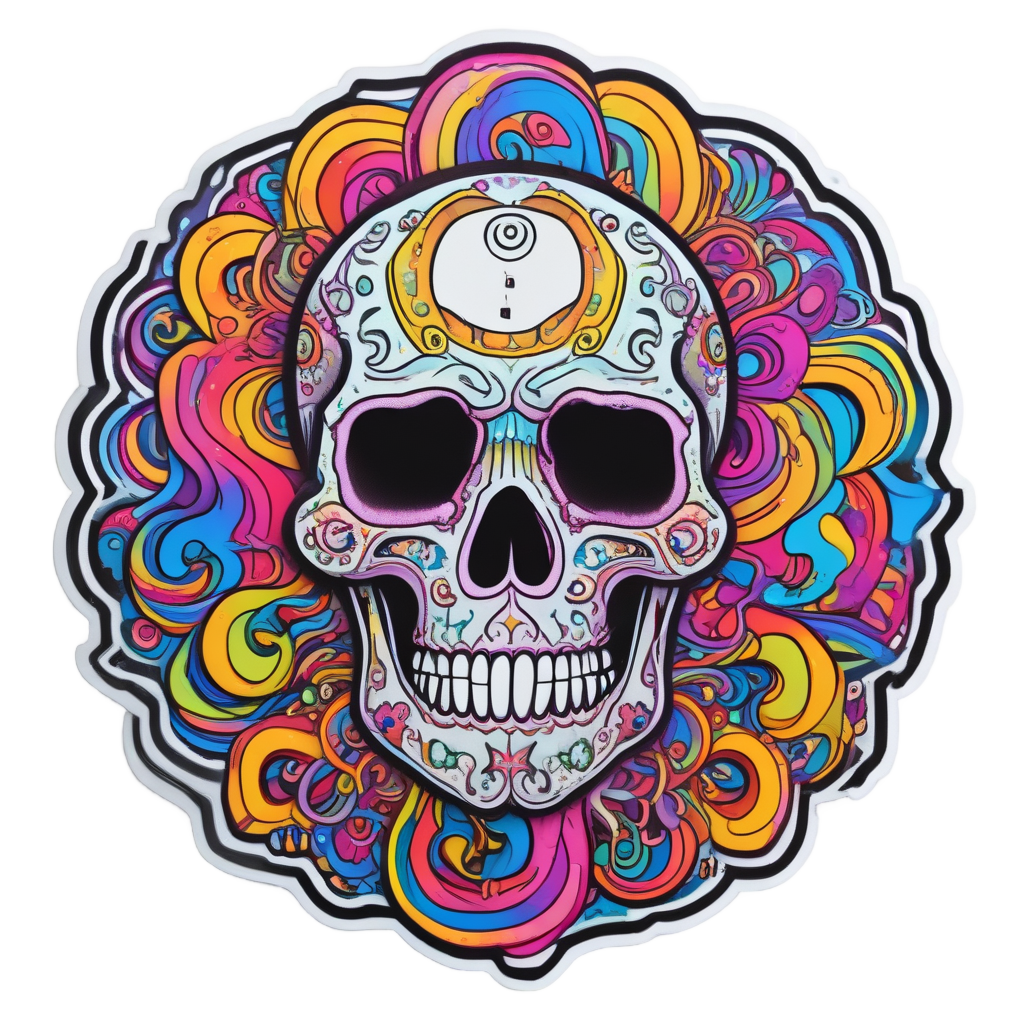 Rainbow neon skull with spiral eyes and dripping colors on white