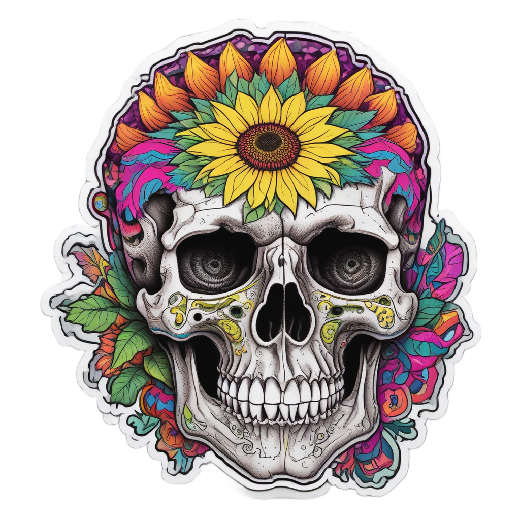 A neon yellow sunflower skull with swirling magenta eyes on a white background