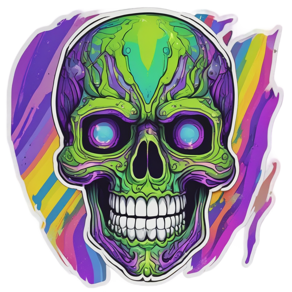 A holographic skull with a huge grin and acid green and purple stripes