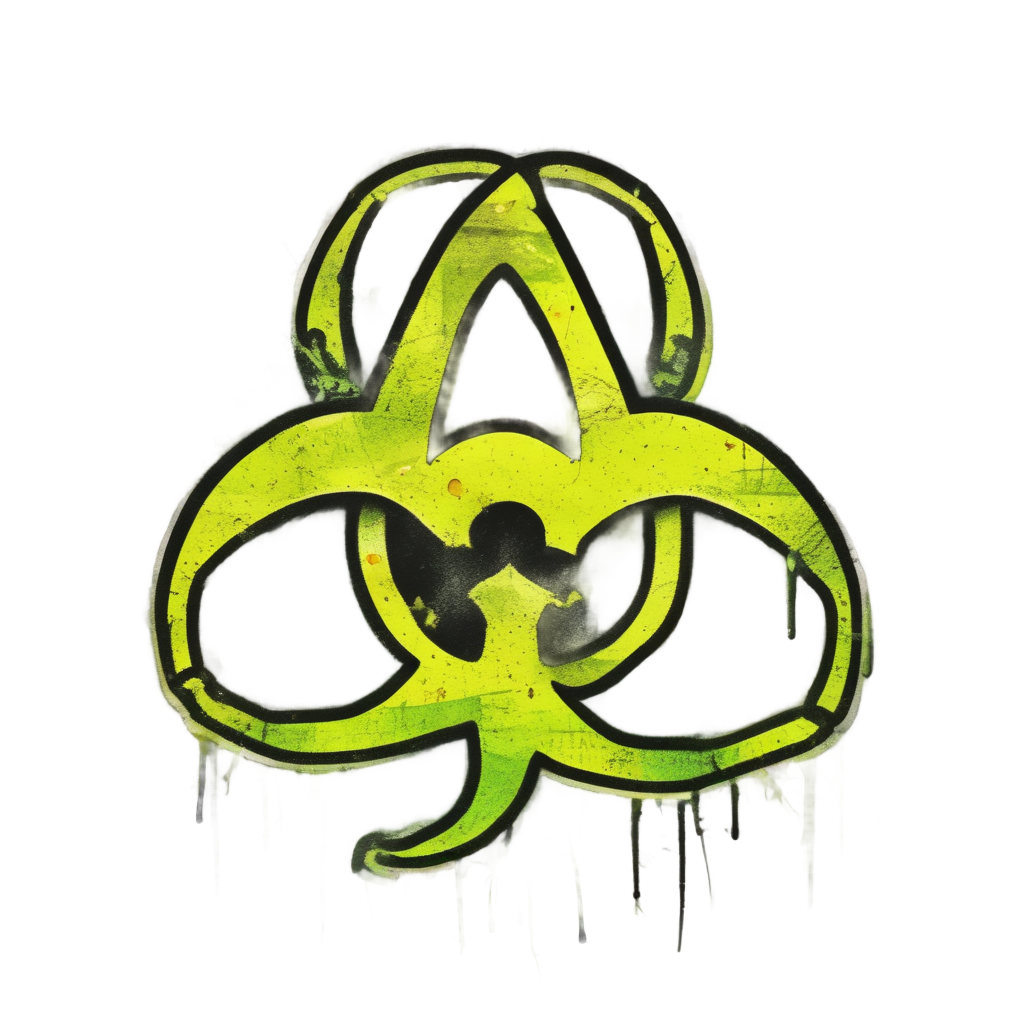 A holographic biohazard symbol with dripping neon green and yellow acid effects