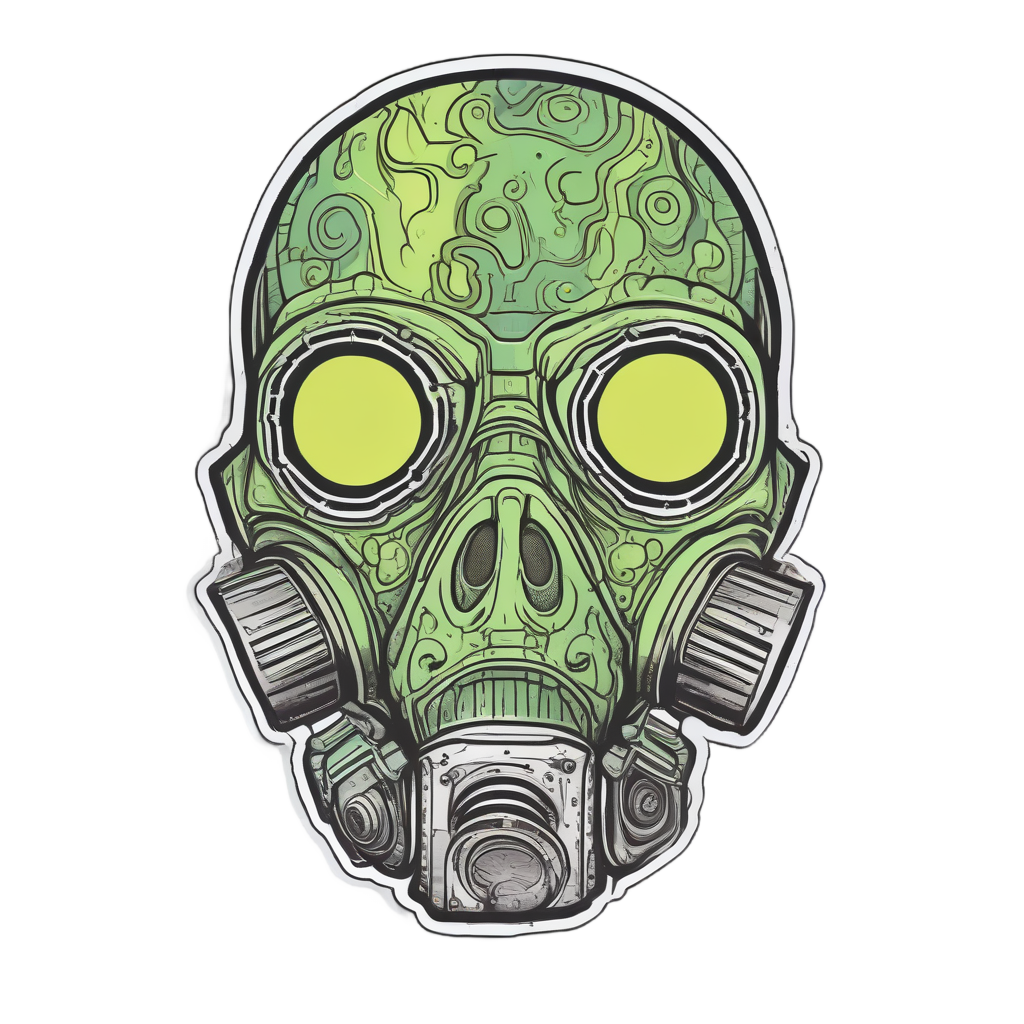Gas mask skull with acid-etched patterns, holographic green glow