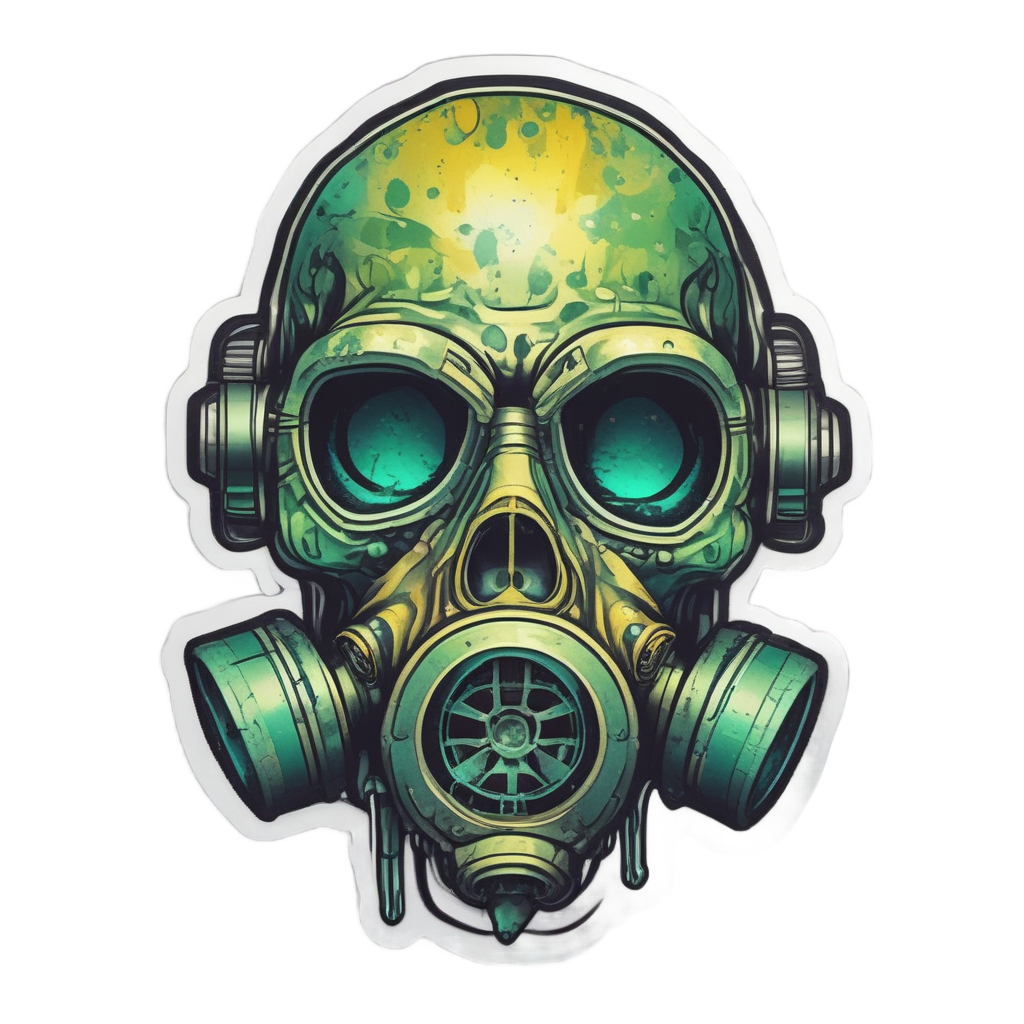 Gas mask skull dissolving with acid droplets and green holographic shine.