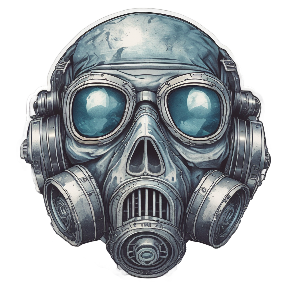 Gas mask skull with an acid-wash visor reflecting a skull
