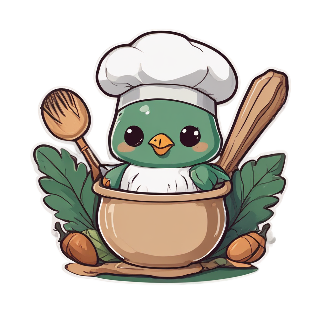 A kawaii swallow chef cooking with an acorn