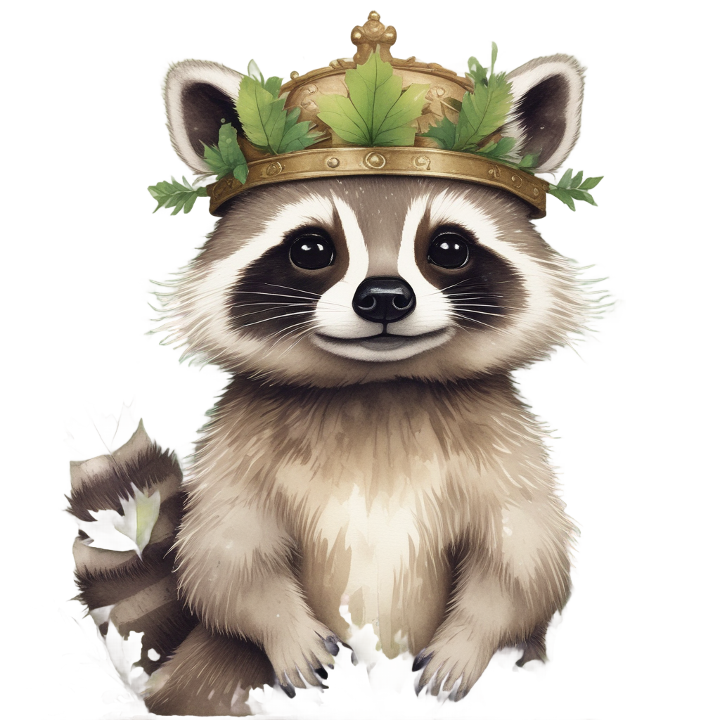A raccoon wearing an acorn crown holding a leaf, painted in soft watercolors.