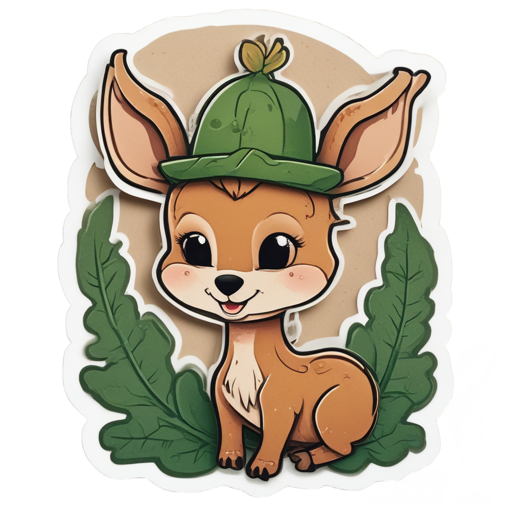 Baby deer in an acorn hat peeking from a leaf