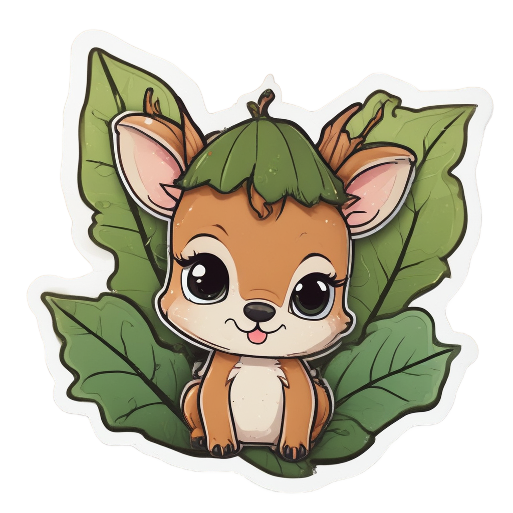 Kawaii baby deer in acorn hat peeking from behind a leaf on white