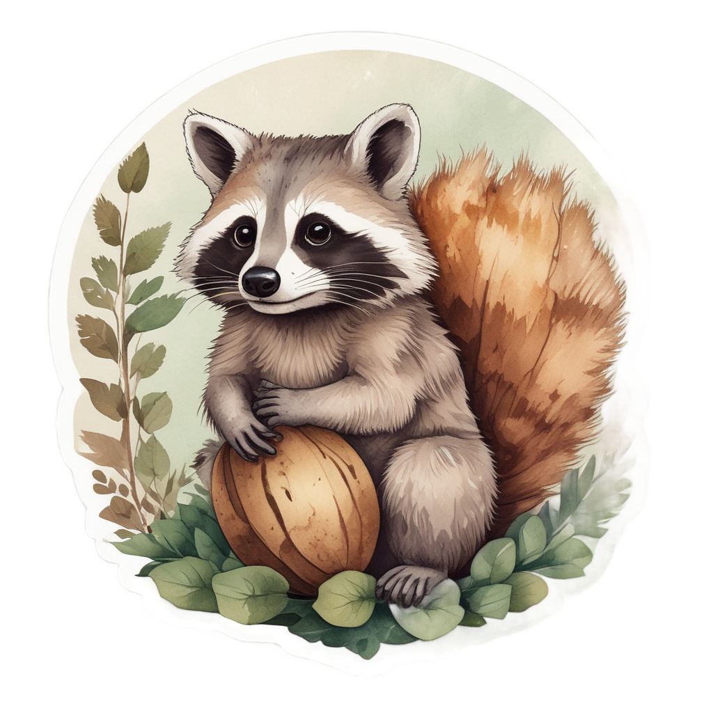 A raccoon holding a large acorn in its paws