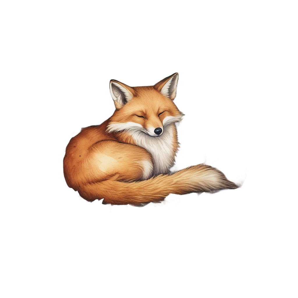 A watercolor fox sleeping with its head on a giant acorn