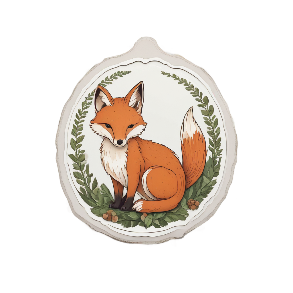 Die-cut sticker of a sleeping fox resting on a giant papercut acorn with oak leaves around.