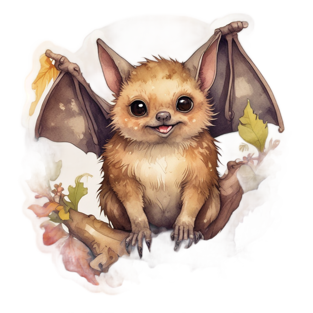 Bat eating an acorn on a branch, watercolor art.