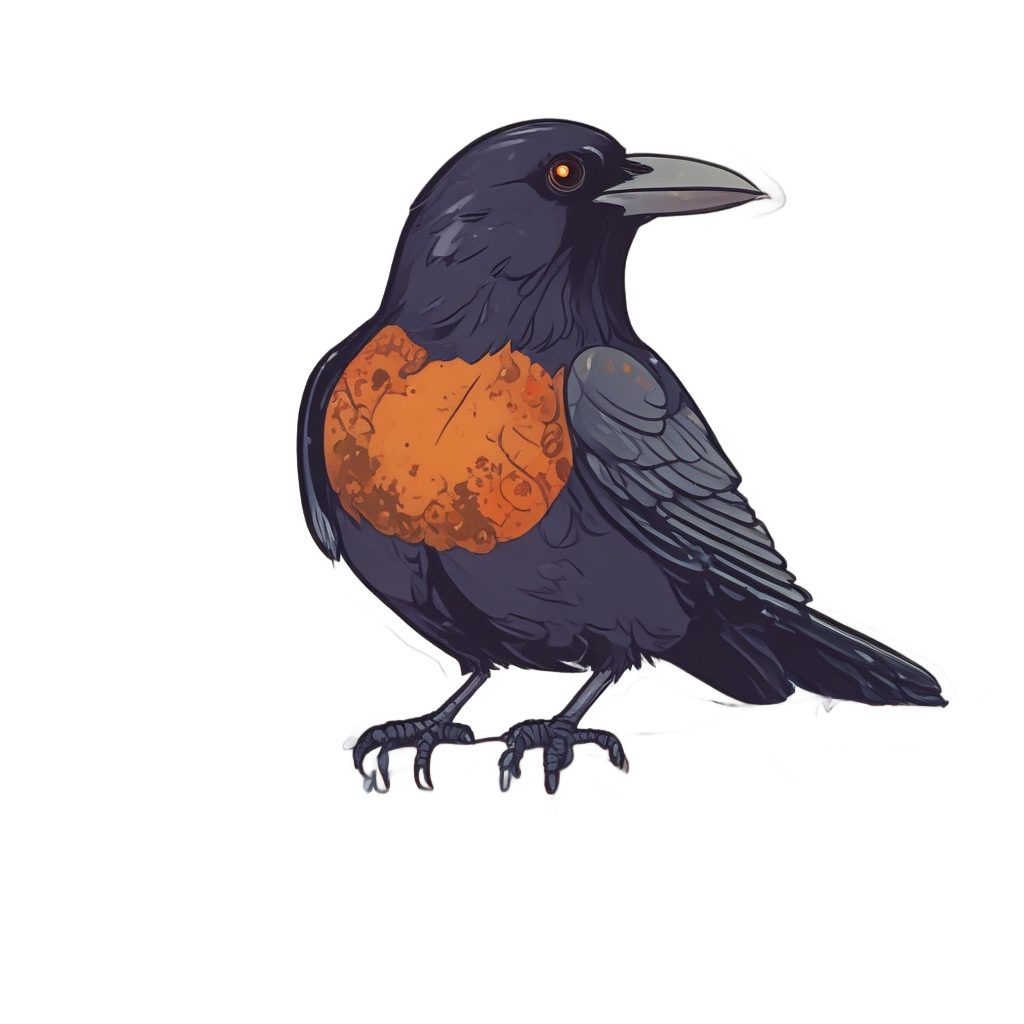 A cute raven holding an acorn on a branch with autumn leaves.