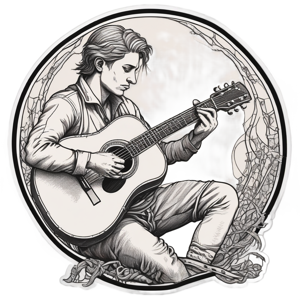 Lineart sticker of an acoustic guitarist with barbed wire in the soundhole