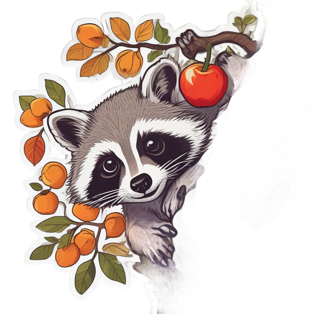 Upside-down raccoon with apple on branch papercut sticker