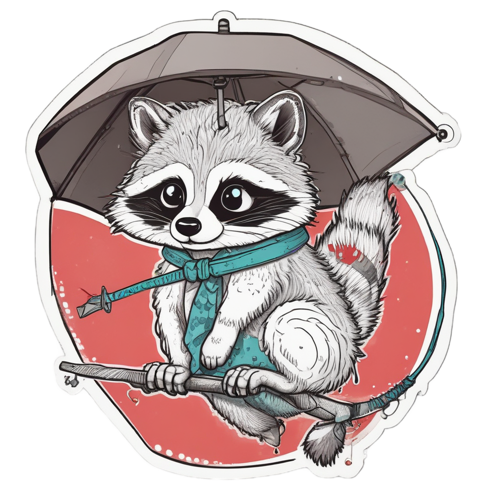 Lineart raccoon balancing on a tightrope holding a teal umbrella