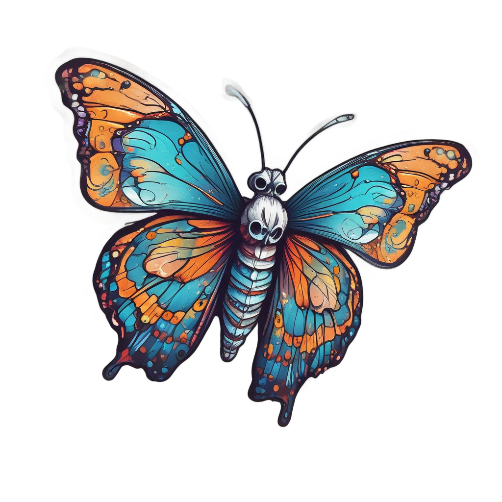 Upside-down butterfly calavera doing a twist with orange and teal holographic wings