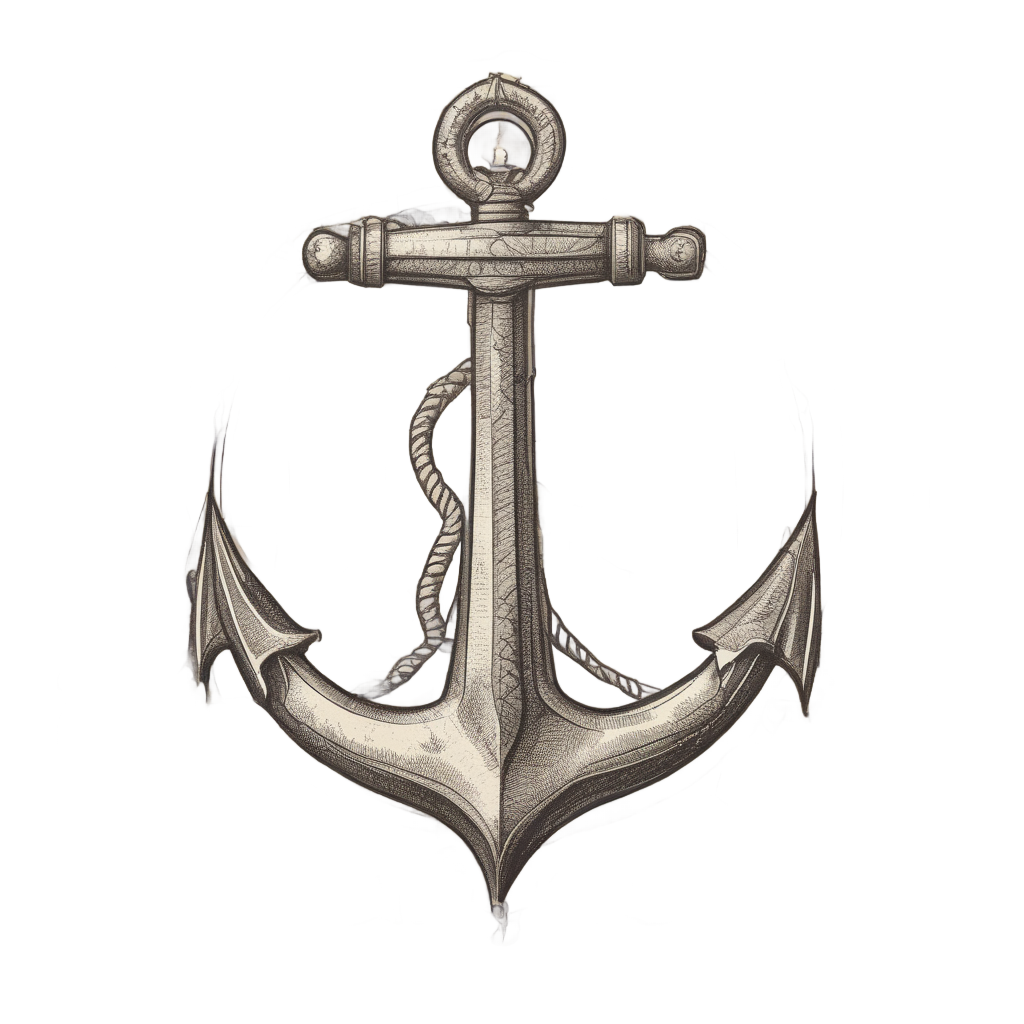 A black lineart anchor inside a treasure map border on a yellow background.