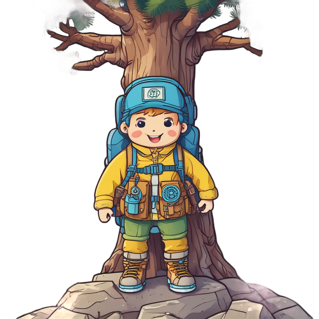 A kawaii pine tree with a backpack and compass