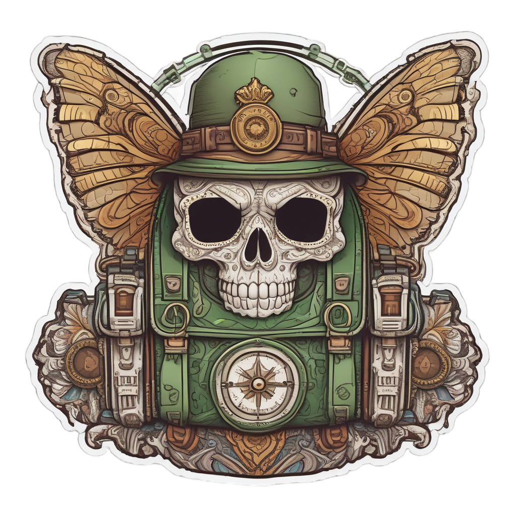 Butterfly calavera wearing an explorer hat and holding a compass.