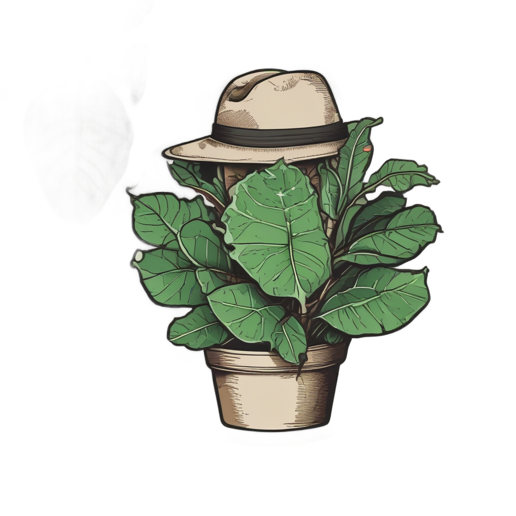 Fiddle leaf fig plant in explorer hat holding a map, lineart with khaki green accents