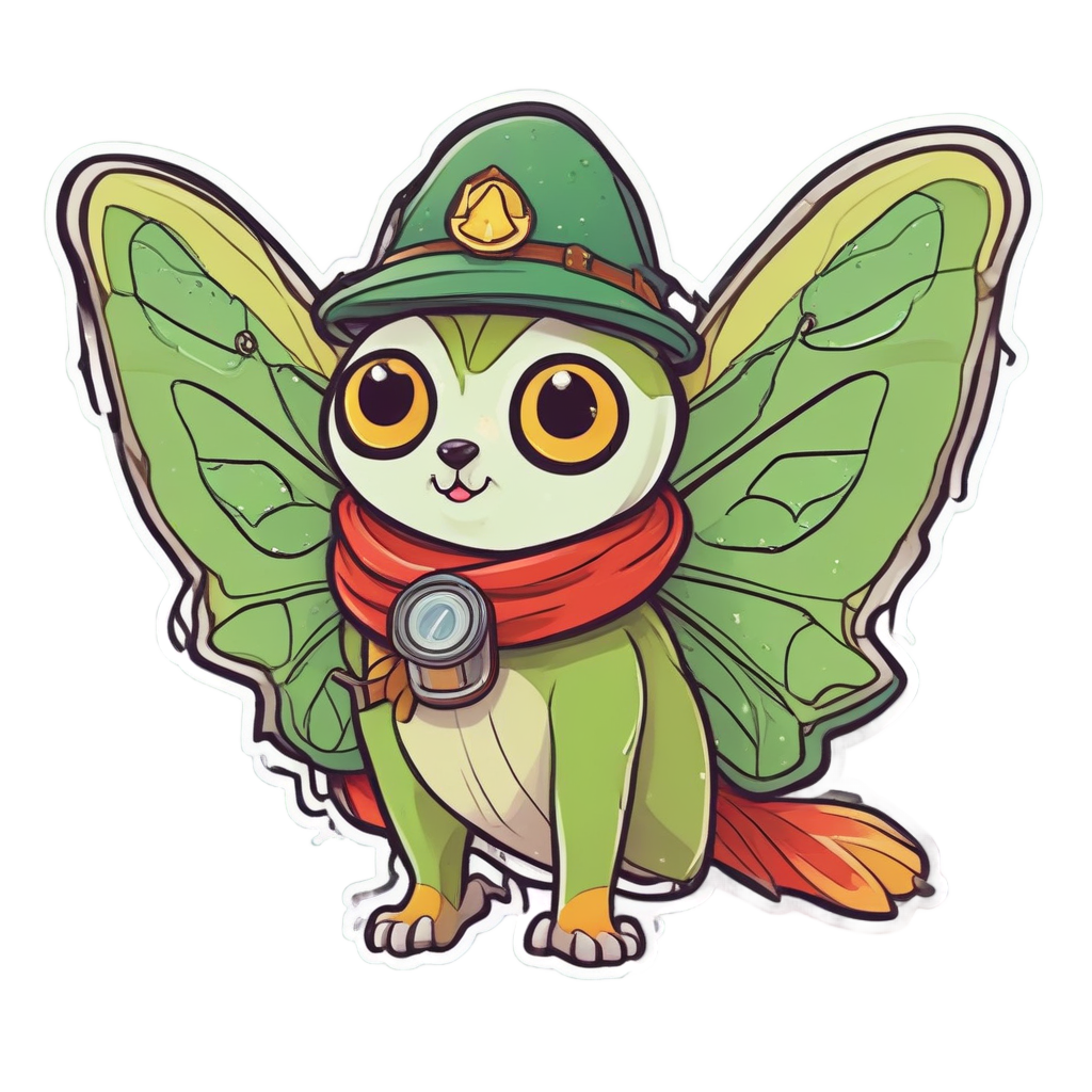 Kawaii luna moth with explorer hat holding magnifying glass