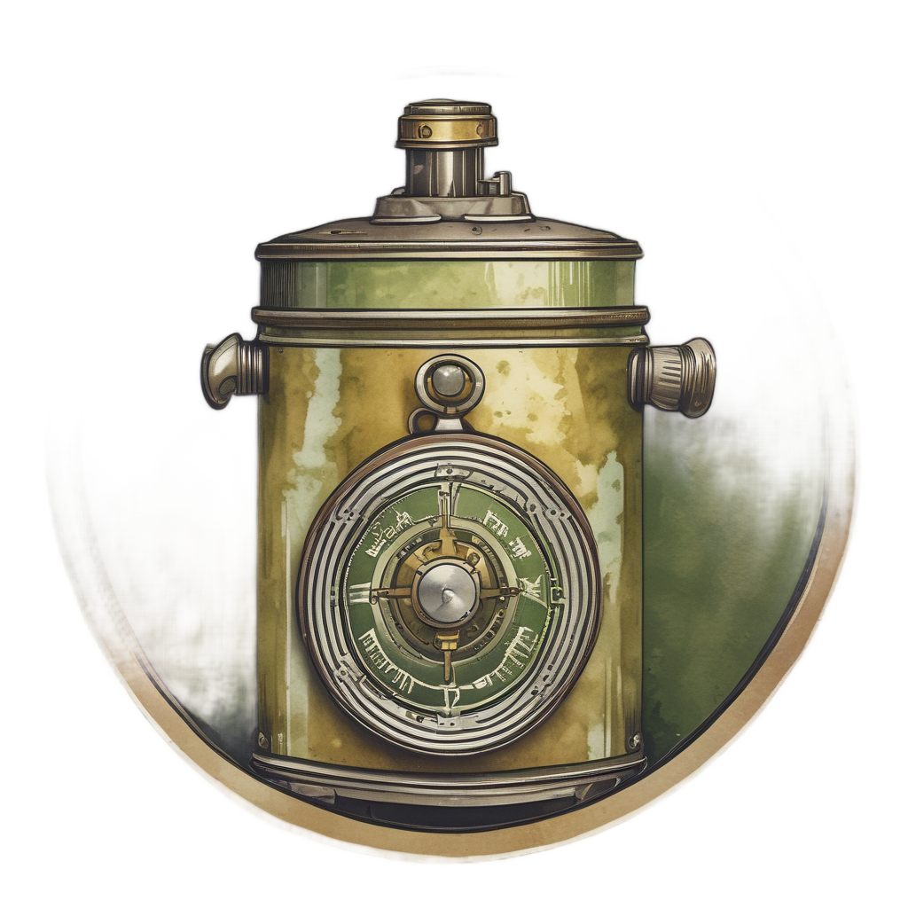 An oil can with a determined look holding a brass compass in watercolor.