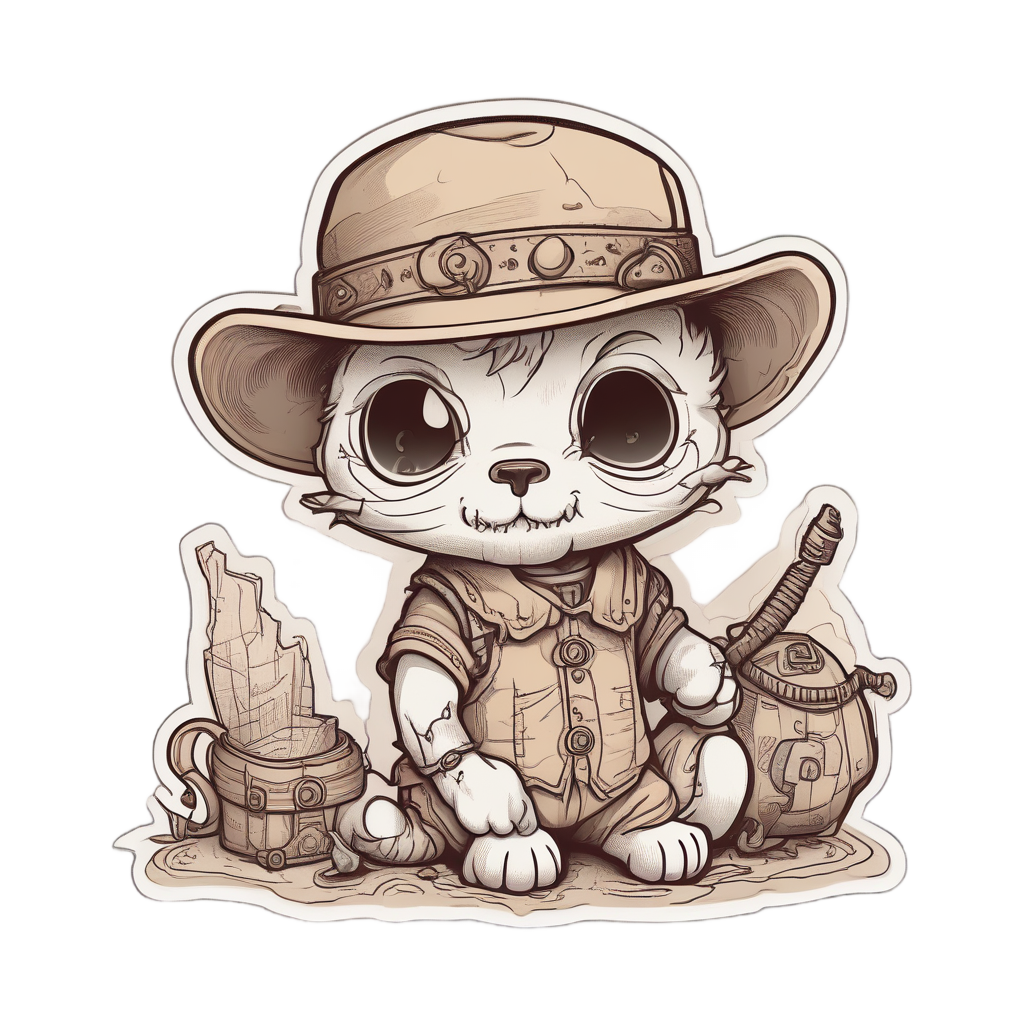 Die-cut sticker of a kitty skull explorer with a tiny hat and map