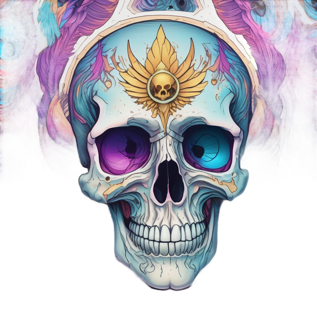 A holographic feathered war skull with a star-lit eye and radiant feather crown