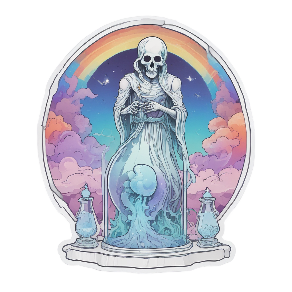 Ghostly holographic reaper skull floating above a cloud-filled hourglass.