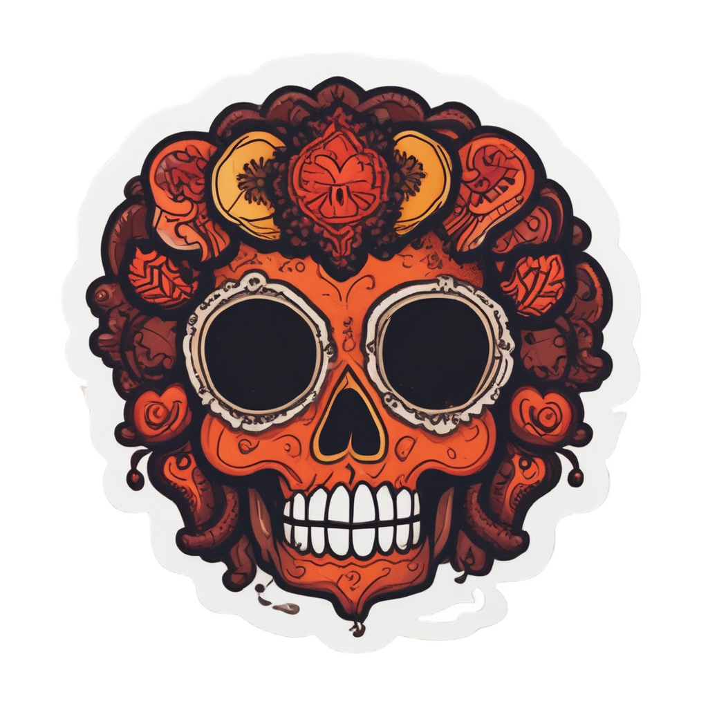 A groovy blushing skull with afro holding a heart sticker.