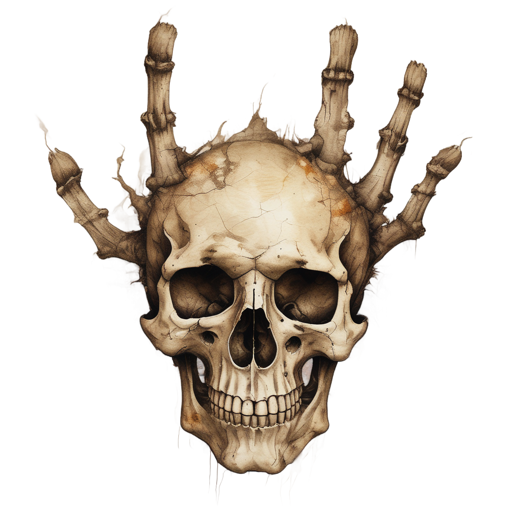 Aged handprint skull in sepia and ochre watercolor