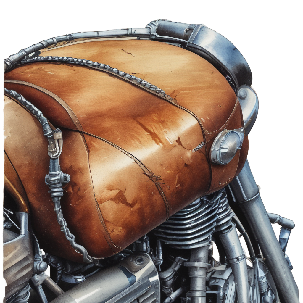 Close-up watercolor of a vintage motorcycle seat and fender