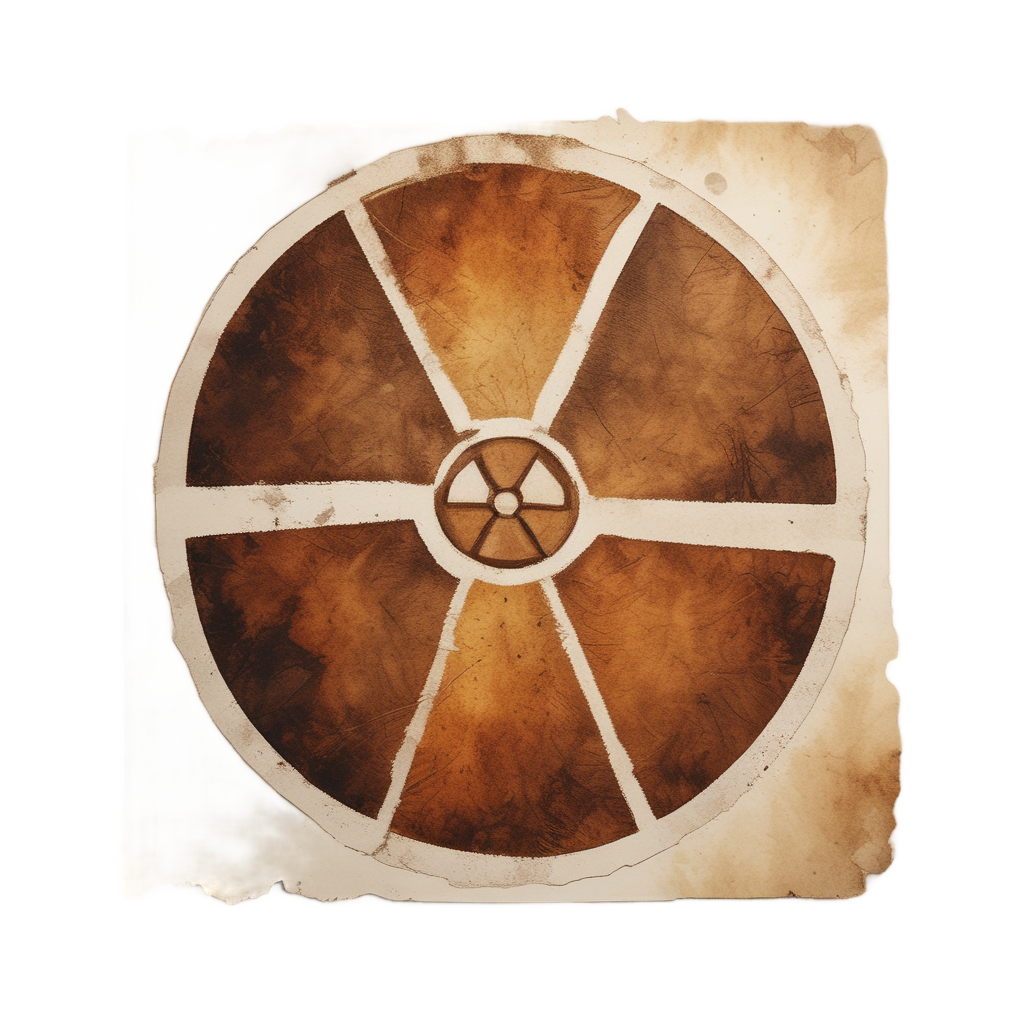 Rusted radioactive symbol on aged paper with brown watercolor stains.