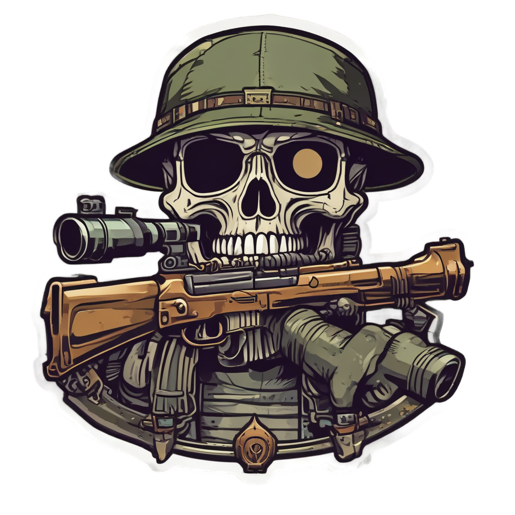 A war-stripe skull aiming a sniper rifle, retro film noir style.